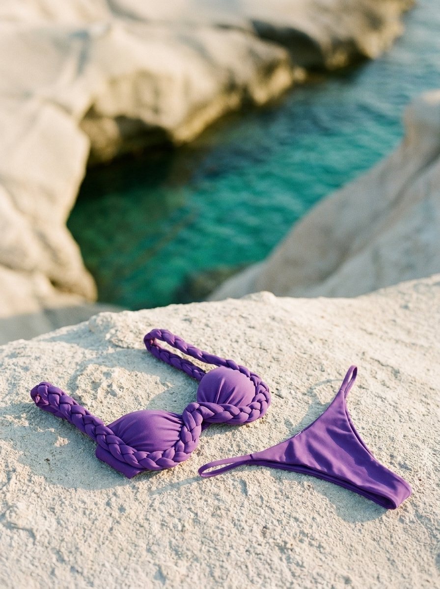 Braided blueberry bikini laid on a rock by the sea