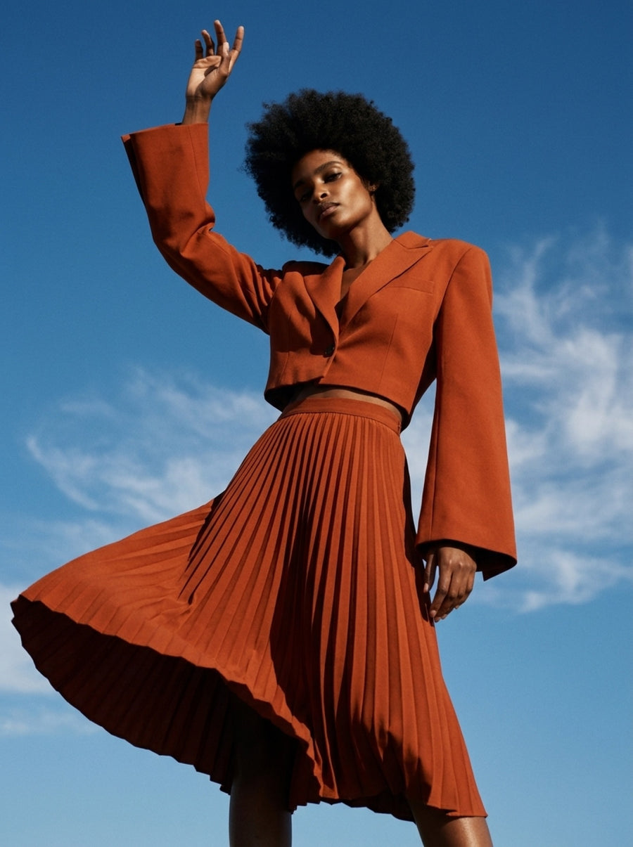 Rust cropped blazer with a pleated skirt against open sky